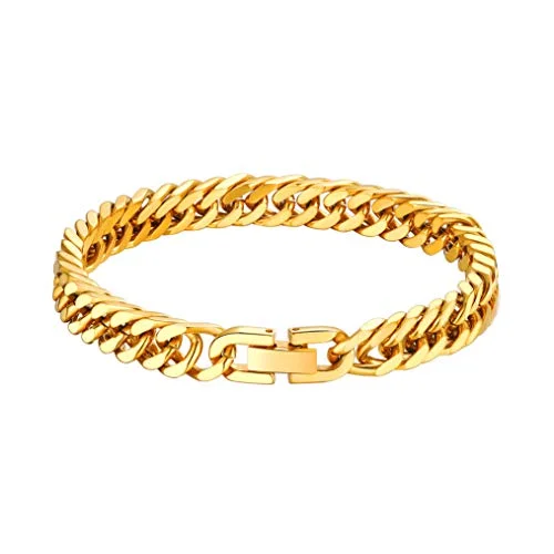 Stainless Steel Bracelet Heavy Cut Double Curb Link  Chain for Men golden