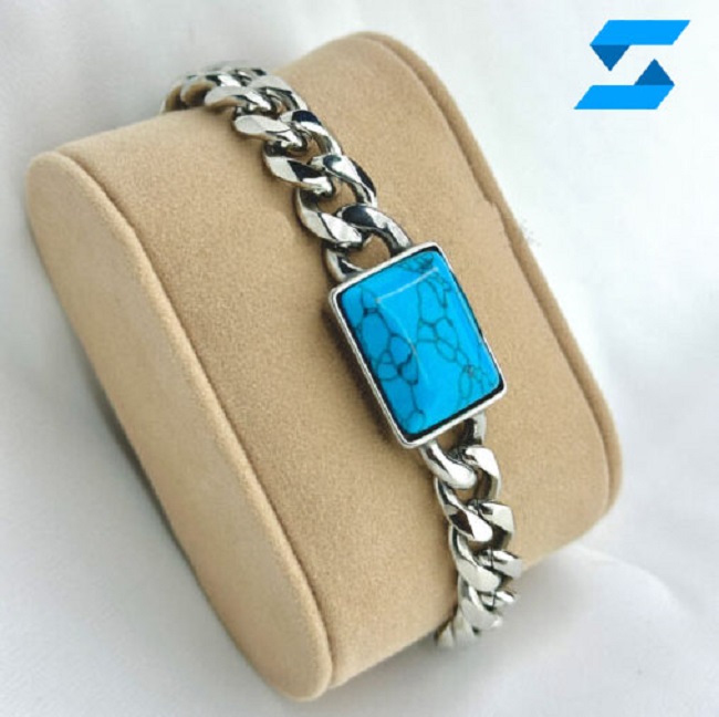 100% Natural Feroza Stone Square Shape Stainless Steel Bracelet