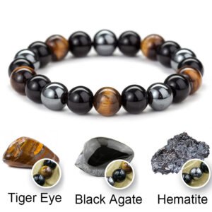 Unisex Obsidian Tiger Eye Hematite Bracelet Triple Protection
