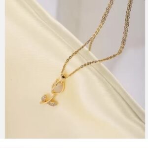 Stainless Steel Chain Vintage Moonstone Tulip Flower Zircon Pendant Necklaces for Women